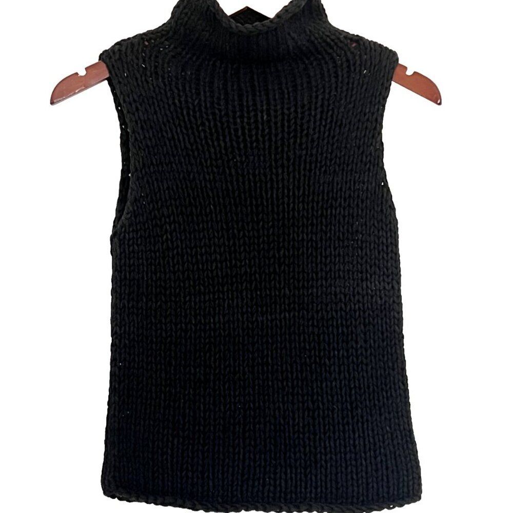 Vintage Limited M Hand Knit turtleneck sleeveless chunky cotton ramie black